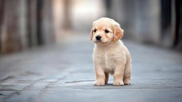 A small golden retriever puppy standing on a street photo