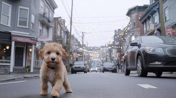 A dog is walking down the street in a city photo