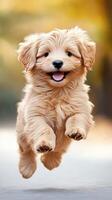 A cute golden retriever puppy is running on the road photo