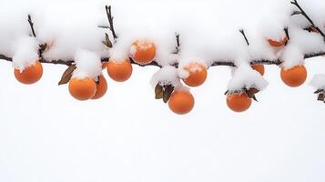 Orange fruits hanging on a branch covered in snow photo