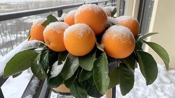 A bunch of oranges are sitting on a balcony photo