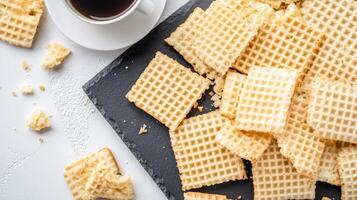 Waffle crackers and coffee on a white table top view photo