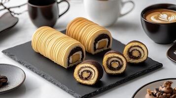 Chocolate roll with coffee and chocolate on a black plate photo