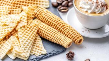 Coffee and waffles on a white table photo