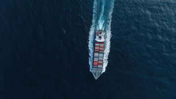 An aerial view of a cargo ship traveling across the ocean photo