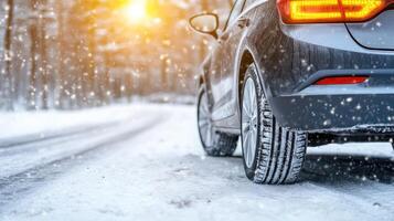 Winter car tire on snowy road photo