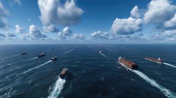 A large group of ships in the ocean photo