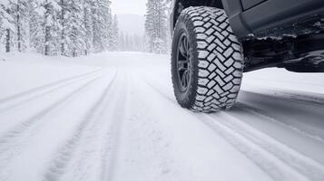 A vehicle drives through the snow on a snowy road photo