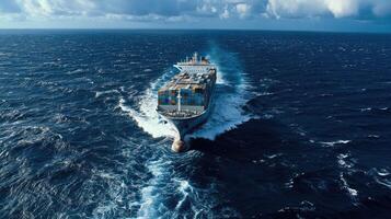 A large cargo ship traveling through the ocean photo