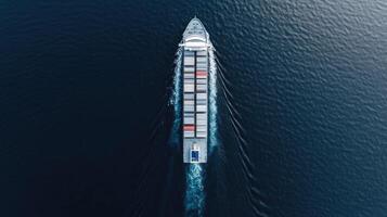 An aerial view of a container ship traveling across the ocean photo