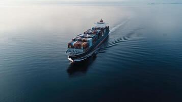 An aerial view of a container ship traveling across the ocean photo