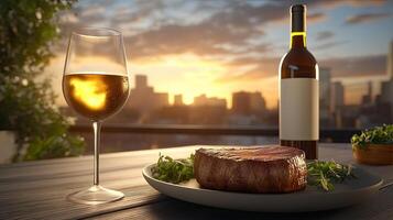 A steak and wine on a table with a cityscape in the background photo