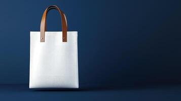 White canvas tote bag mockup on blue background photo