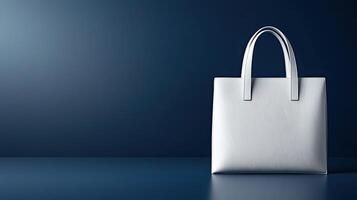 White shopping bag on blue background photo