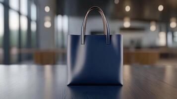 A blue leather bag sitting on a table photo