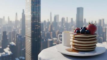 A stack of pancakes with berries and syrup on a plate photo