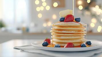 A stack of pancakes with berries and syrup being poured on top photo
