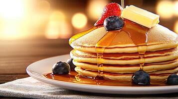 A stack of pancakes with syrup and berries photo