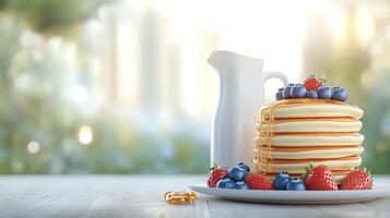 A stack of pancakes with berries and syrup photo