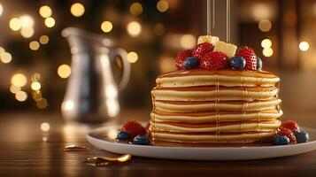 A stack of pancakes with berries and syrup photo