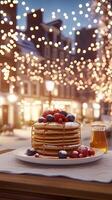 A plate of pancakes with berries and syrup on it photo