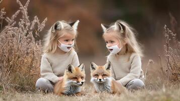 Two little girls with masks on sitting in the grass photo