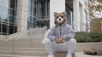 A man wearing a dog costume sits on the steps of a building photo