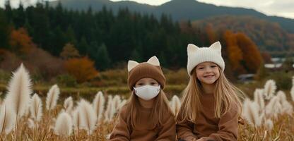 Two little girls wearing masks in a field photo
