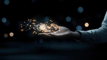Businessman holding a glowing network on his hand photo