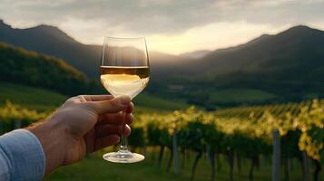 A person holding a glass of wine in front of a vineyard photo