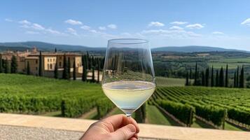 A person holding a glass of wine in front of a vineyard photo