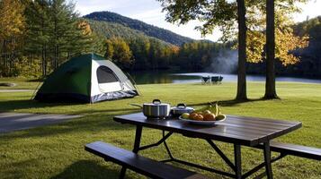 A picnic table and tent near a lake photo