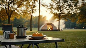 A table with a plate of food and a cup of coffee photo