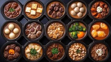 A variety of different types of food in black bowls photo