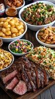 A table with a bunch of different foods on it photo