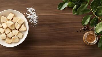 A bowl of sugar and spices on a wooden table photo