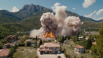 A large explosion is seen in the middle of a village photo