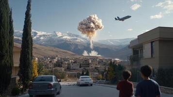 Two children watch a plane fly over a city photo