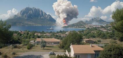 A volcano erupting over a town with houses and trees photo
