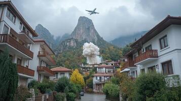A plane flying over a town with houses and mountains photo