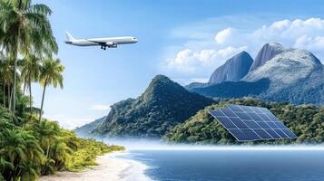 Solar panels on the beach and a plane flying over the ocean photo