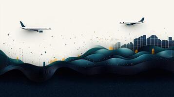 An illustration of two airplanes flying over a city photo