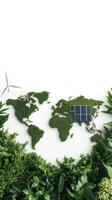 Solar energy and wind turbines in the world map photo