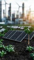 Solar panels and wind turbines in a field with cityscape in the background photo
