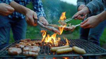 A group of people are cooking food on a grill photo