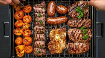Grilled meat and vegetables on a grill photo