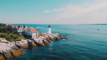 A lighthouse sits on a rocky shoreline next to a body of water photo