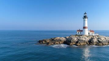 A lighthouse on a rocky island in the ocean photo
