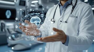 A doctor holding a virtual brain in his hands photo