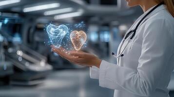 A woman in a white coat holding a heart and a heart shaped device photo